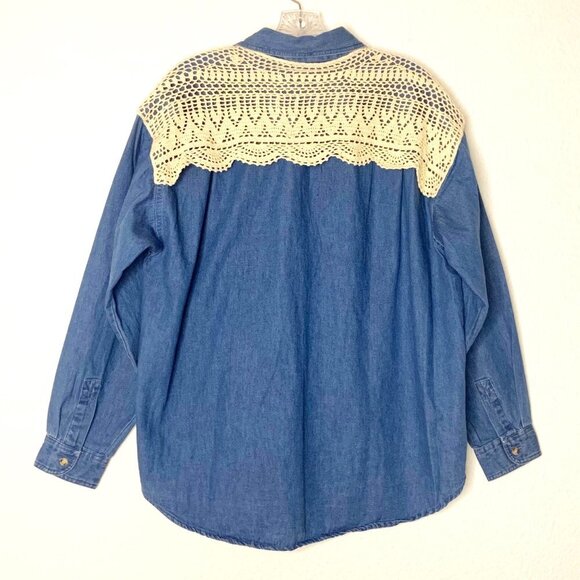 Vintage 90s Just Class Denim & Crochet Long Sleeve Button Up Shirt Women’s Sz M - Picture 2 of 7